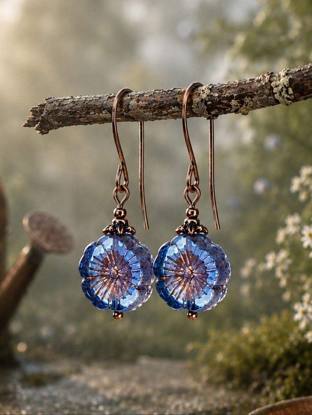 Blue Czech Glass Flower Earrings Copper Artisan Garden Jewelry Hand Crafted